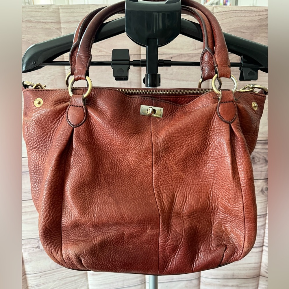 New J. Crew Cognac Brown Pebbled Leather Satchel Tote Shoulder Bag